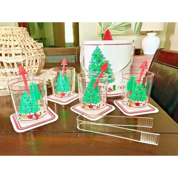 Vintage Himark Saltera Christmas Tree Ice Bucket & Tumblers Set 15 pc 1986