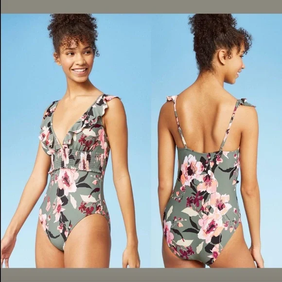 NEW $40 Sea Angel Olive Floral Smocked One Piece Swimsuit [ SZ XL‎ ] #3350