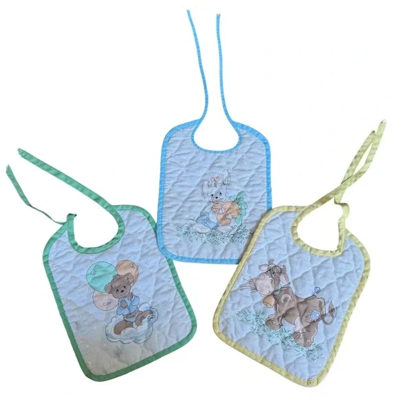 Vintage Precious Moments Quilted Baby Bibs Set of 3 Bunny Bear Cow Pastel Tie