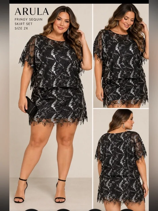 ARULA Sz B 2pc Black Silver Fringy Sequin Mini skirt & top SUPER CUTE NWOT