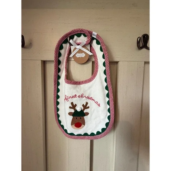 Mud Pie My First Christmas Reindeer Baby Bib Red Gingham Minky Dot NWT
