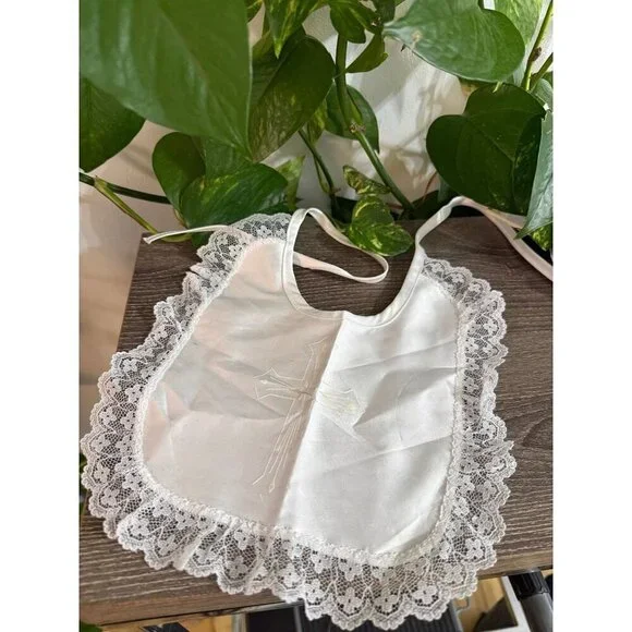 Vintage Satin Baptism Bib with Lace Trim