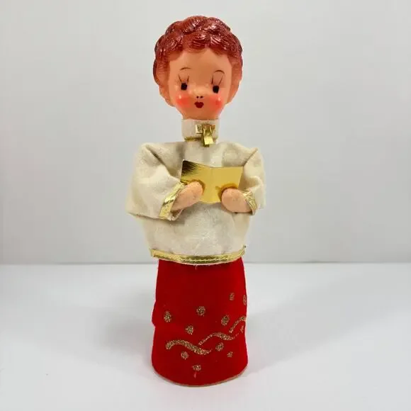 Vintage Christmas Caroler Figure Felt Holiday Decor MCM Japan Figurine