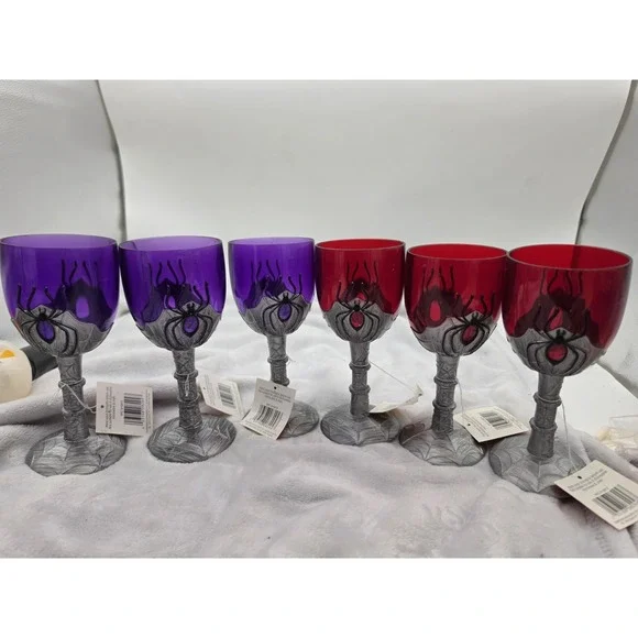LOT 6 Halloween Acrylic Jewel Accent Spider Web Stem Wine Glass Festive Goblets