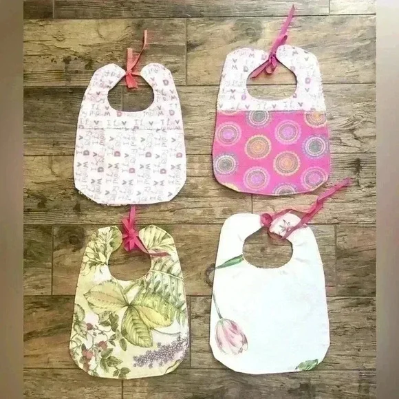 LOT OF 4 BABY GIRL PINK HANDMADE VTG FABRIC BIBS