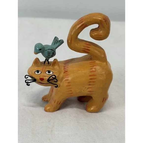 Vtg Small Cat And Bluebird Carved Figure Mini Folk Art Whimsy Crazy Cat Lady