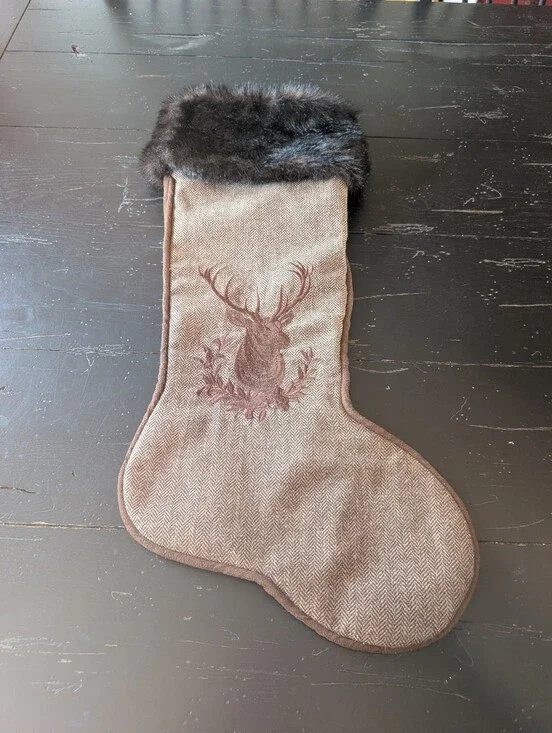 30-inch Rustic Chocolate Faux Fur Woodland Christmas Stocking Embroidered Deer