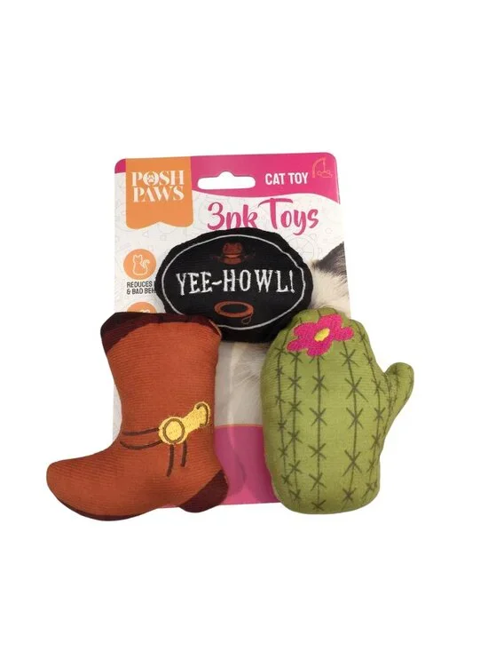 Posh Paws YEE-HOWL Western Cat Toys with Catnip 3 Pieces Boot Cactus