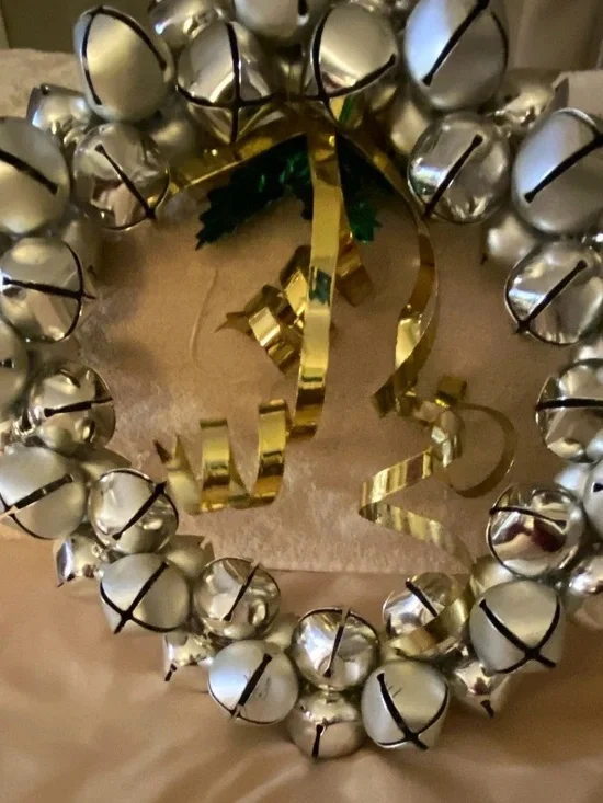 Silver Jingle Bell Holiday Wreath with Gold Ribbon