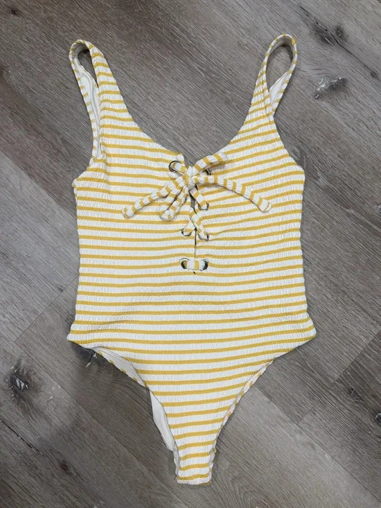 Zara Yellow & White Striped One-Piece Swimsuit with Lace-Up Front