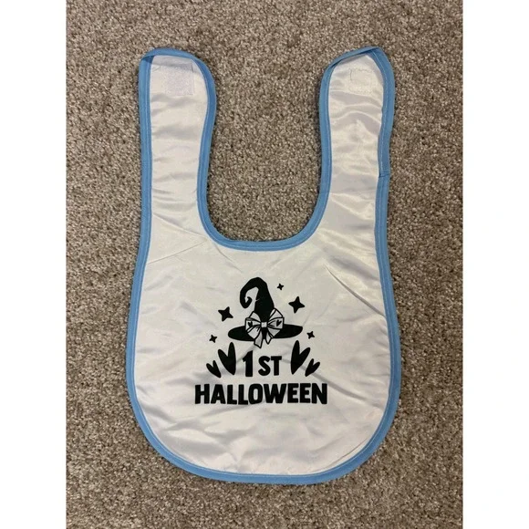 Baby 1st Halloween Bib White Blue Trim Witch Hat Graphic Hook Loop Closure