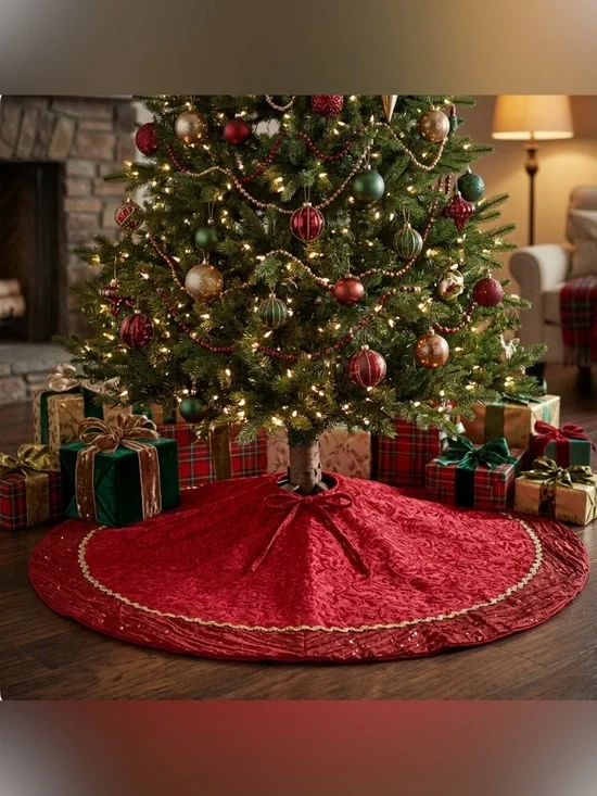 CHRISTMAS TREE SKIRT ROUND RED SATIN VELVET GOLD RIBBON