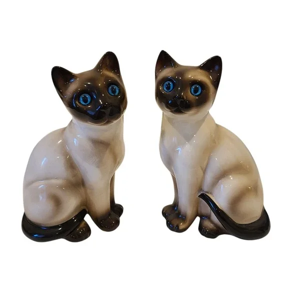 Vtg Pair of Vintage Enesco Ceramic Siamese Cat‎ Figures 6 3/4