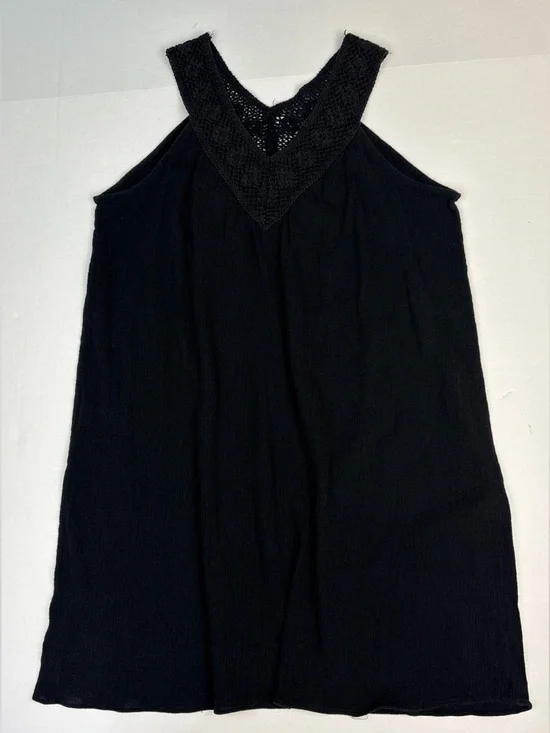 Tropical Escape Women Large Swimsuit Coverup Dress Solid Black Crochet V-Neck