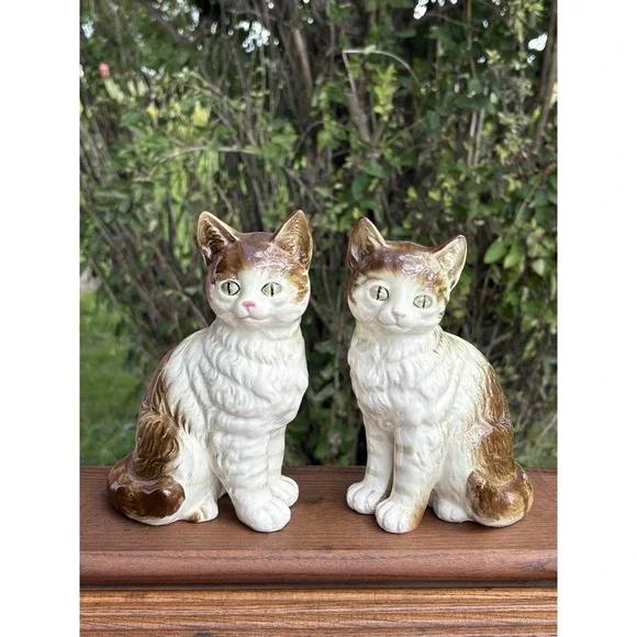 Vintage Ceramic Cat Figurines Pair Japan MCM Brown White Tabby 1950's Kitten 7