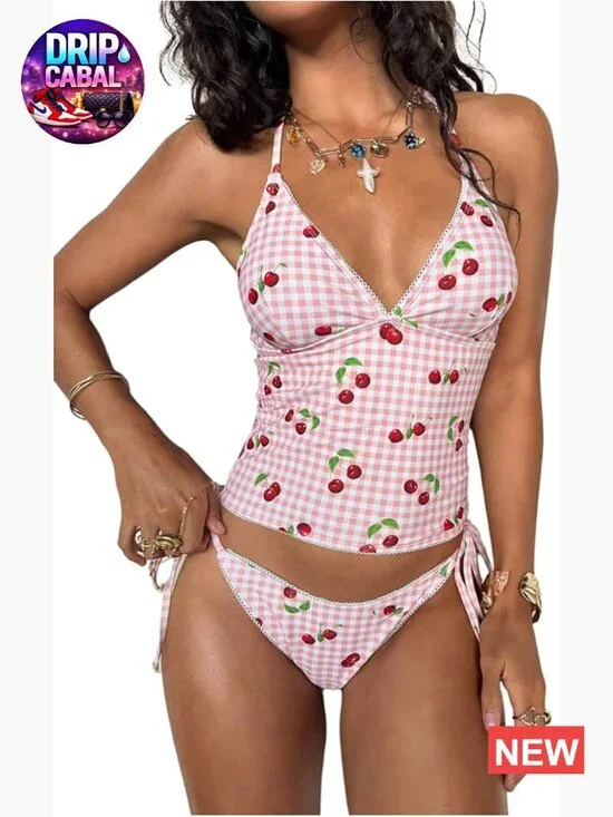 Gingham Bow Halter Neck High Waisted Tankini Swimwear Set