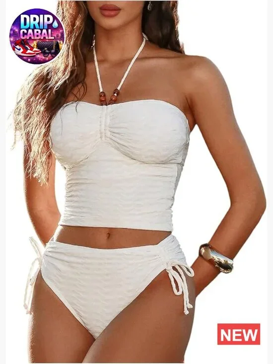 Textured Halter Beaded Ruched Tankini 2 Piece Swimsuits Medium Stretch
