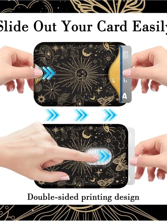 Slim Card Holder Phone Case - Black & Gold Celestial Design