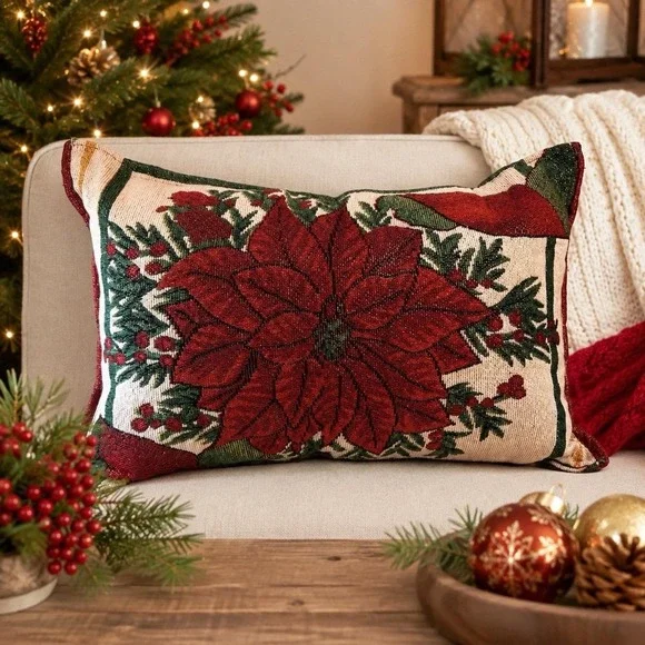 Christmas‎ Poinsettia Tapestry Lumbar Throw Pillow Red Green Holiday Decor 18x12