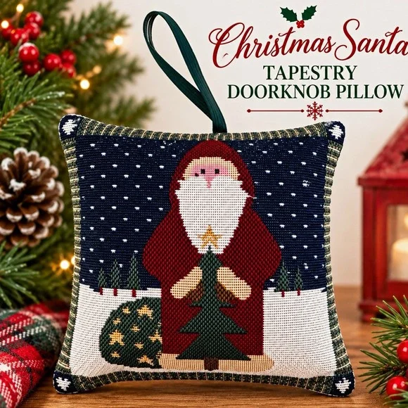 Christmas Santa Tapestry Doorknob Pillow Hanger Folk Art Holiday Decor 6