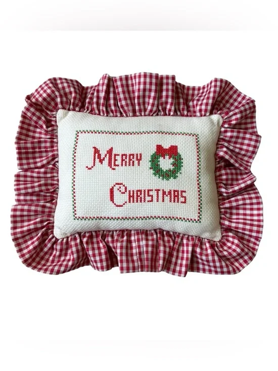Vintage Christmas Needlework Pillow Gingham Ruffle Grandmillennial Cottage Decor