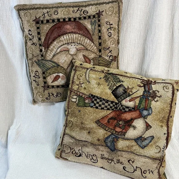 Pat Yuille Christmas 2 Pillows Tapestry Needlepoint Granny Cottage Core Vintage