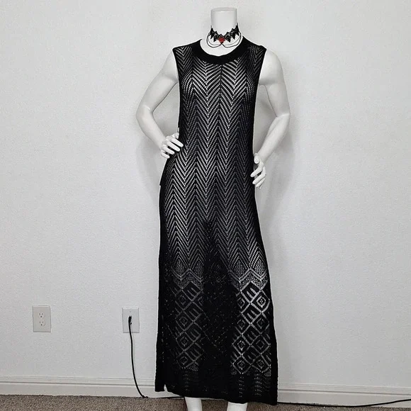 Joie Black Romantic Goth *NEW* Witchy Crochet Knit Whimsigoth Maxi Dress Size XL