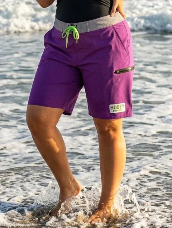 HOOEY Purple Board Shorts with Gray Waistband and Neon Green Drawcord Size XL
