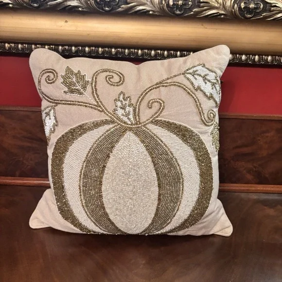 Pier 1 Beaded Pumpkin‎ Throw Pillow Ivory Gold Fall Harvest Decor 14