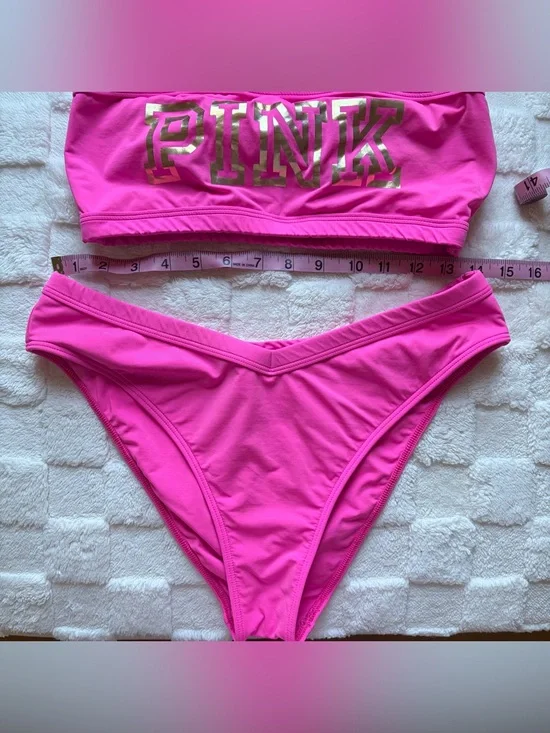 PINK Victoria's Secret Neon Pink Bandeau Bikini with Gold Logo