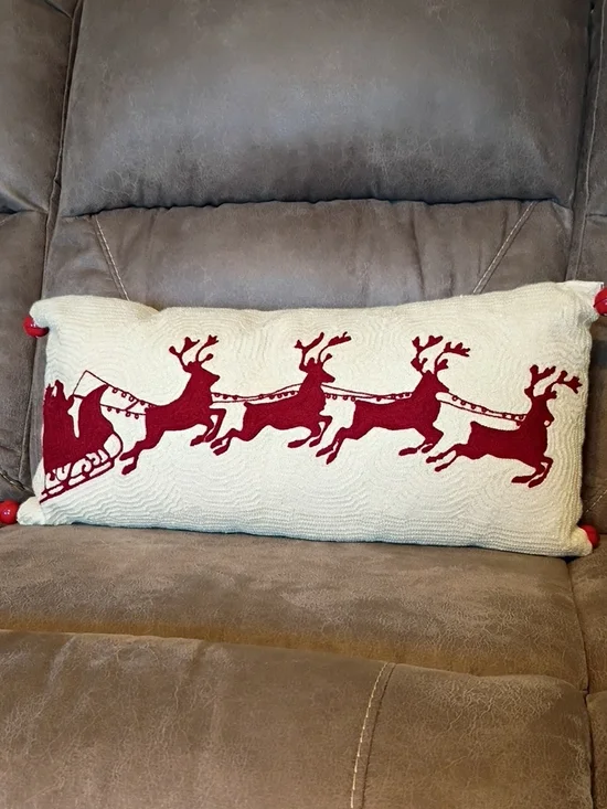 Festive Red Reindeer Lumbar Pillow on Cream