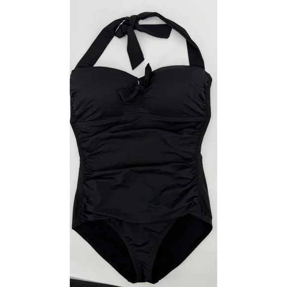Tommy Bahama Pearl Shirred Halter One Piece Swimsuit Black Ruched Sweetheart M
