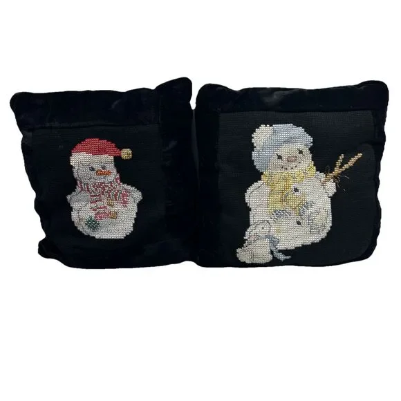 Pair VTG Decorative‎ Needlepoint Pillows Christmas Snowman Black Velvet 14”x14”