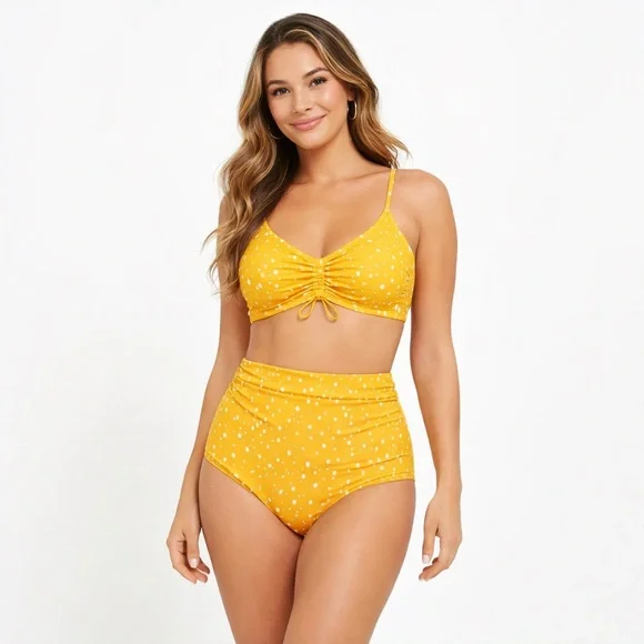 Kona Sol Plus Size Mustard Polka Dot High Waist Bikini Set 16W 18W D/DD