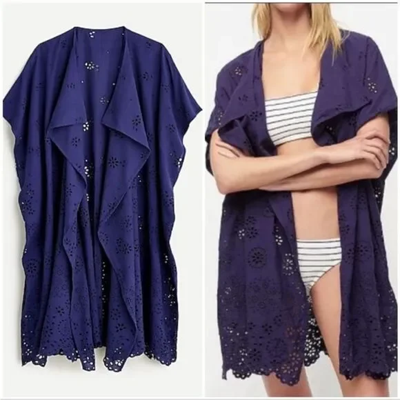 J.CREW Women’s Navy Blue Cotton Eyelet Poncho Cover Up S/M 100% Cotton Beach‎