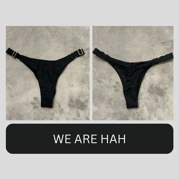 New! We Are HAH Black High Cut Adjustable String Thong Bikini Bottom