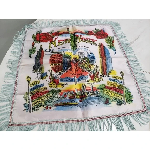 Vintage‎ 50's MCM 60's New York Souvenir Pillow Case Times Square Twin Towers