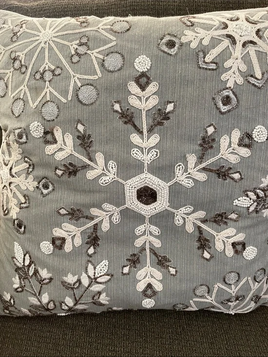 Christmas winter grey pillow snow flakes embellished gold & silver 20x20