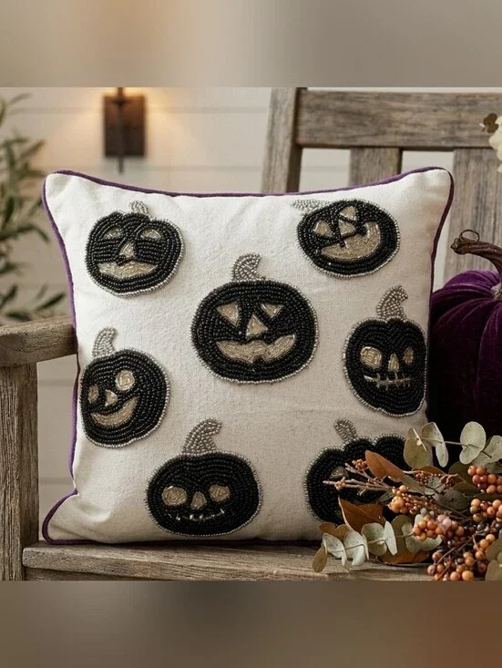 Spooky Night Halloween Jack Pumpkin Faces White Silver & Black Beaded Pillow 12