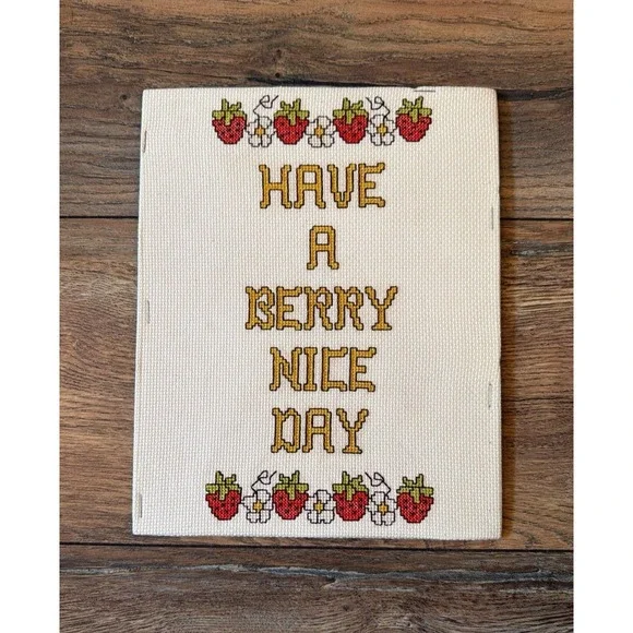 VTG Have a Berry‎ Nice Day Strawberry Floral Cross Stitch Wall Art 10x8