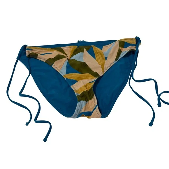 Hurley Tropical Leaf Print Side Tie Bikini Bottoms‎ Blue Green Yellow L HURCO-Z