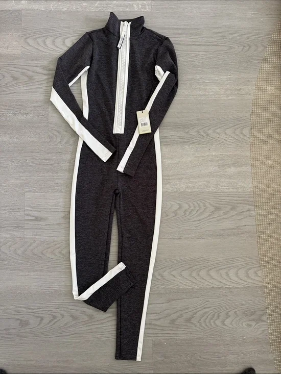 Watskin grey bathing suit with White Stripe Trim