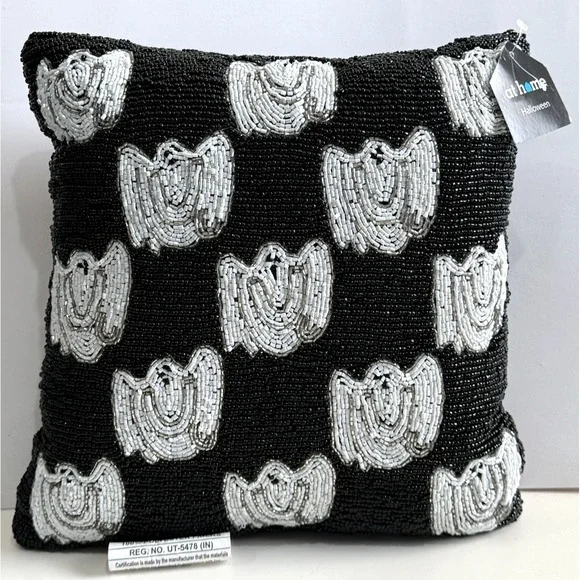 Beaded Halloween Square Pillow Black & White 