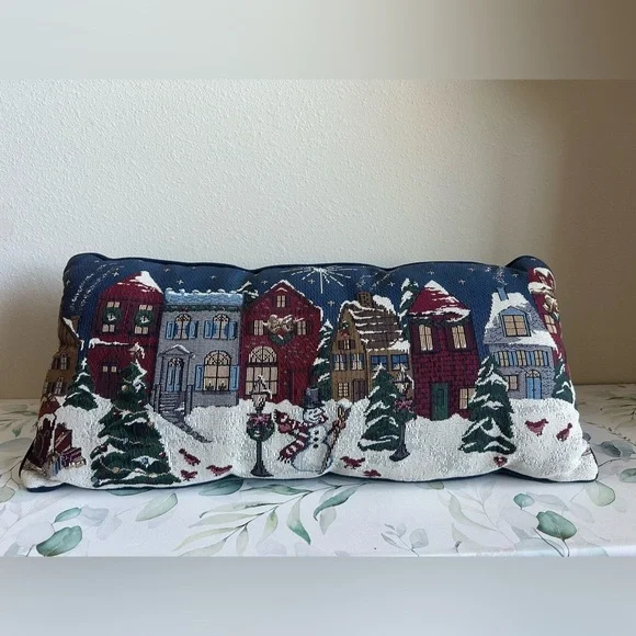Festive Village Scene Holiday Pillow
