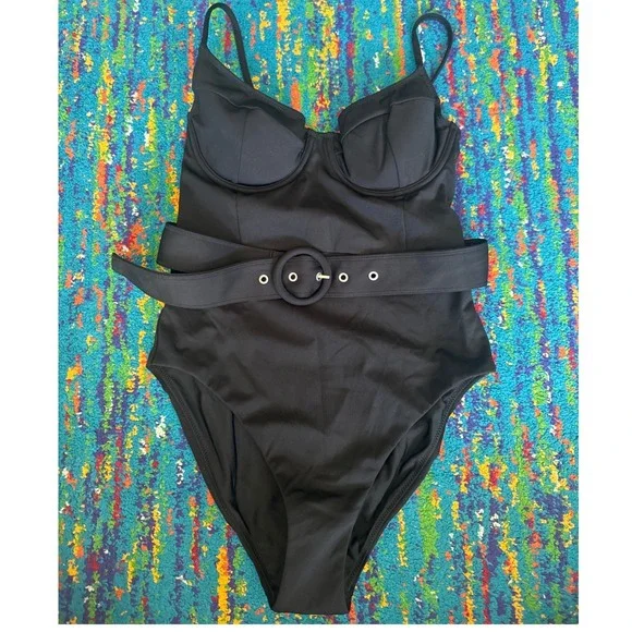 NWT Jonathan Simkhai One Piece Swimsuit Black Belted Underwire Women Size M