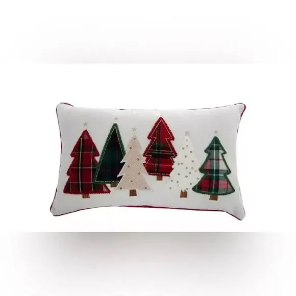 Plaid Christmas Trees Pillow Festive Holiday Pillow with Christmas Tree Design