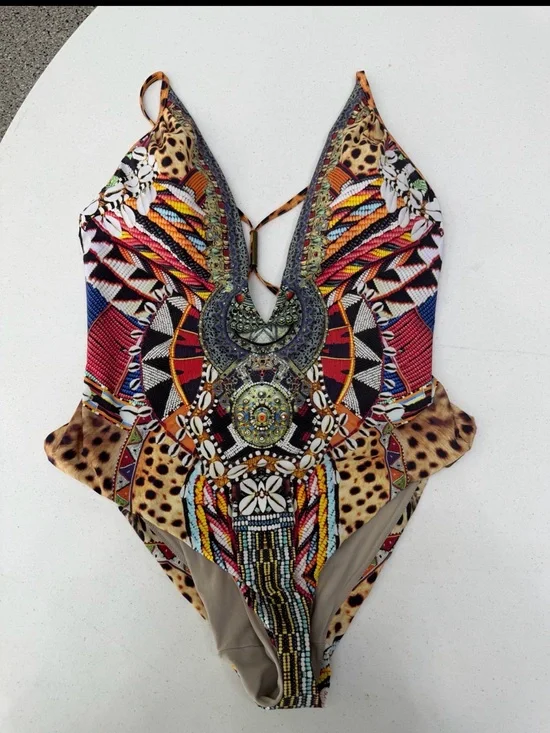 Camilla Deep V Plunge One Piece Swimsuit Animal Print Beaded Boho Luxury size L