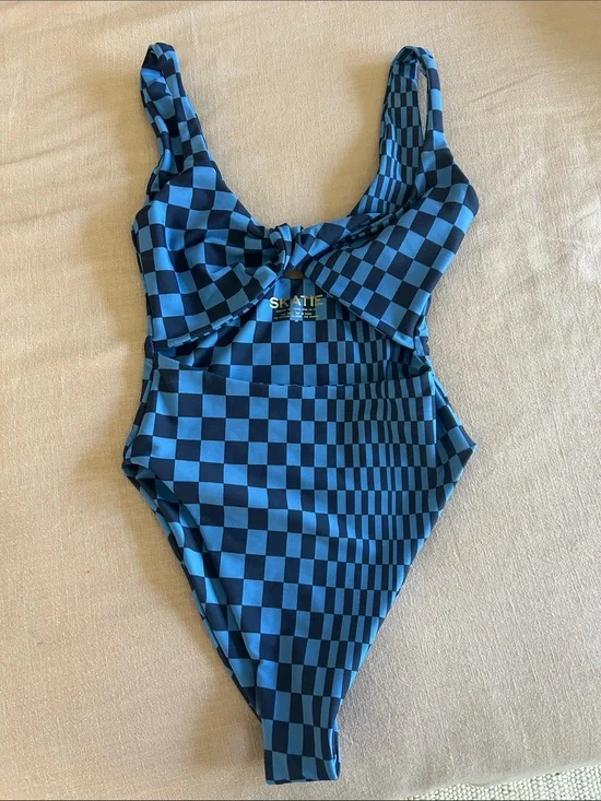 Skatie Blue and Black Checkerboard One-Piece Swimsuit