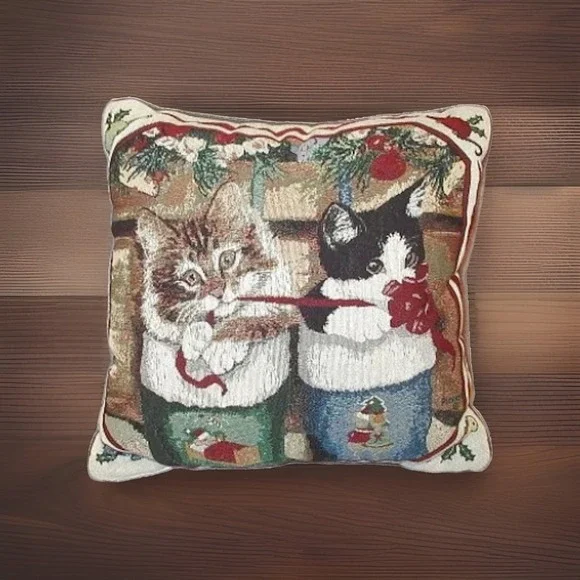 Vtg Cat Tapestry Throw Pillow 16