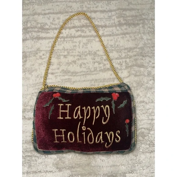 Mini Burgundy Velvet Happy Holidays Christmas Door Hanger Pillow Gold Cord Trim‎
